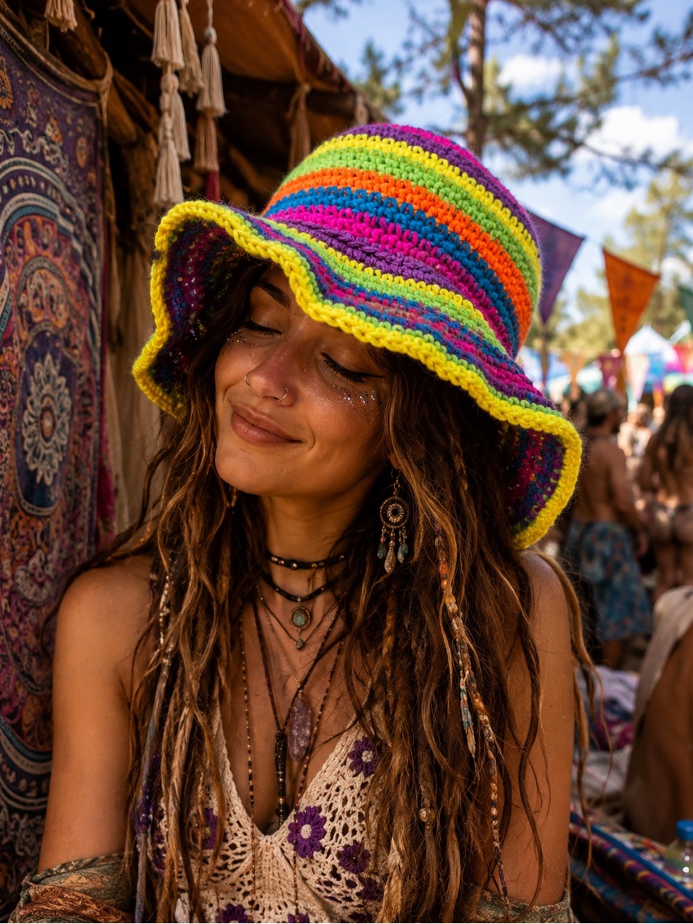 Handmade Crochet Rainbow Bucket Hat Neon Hippie Boho Festival
